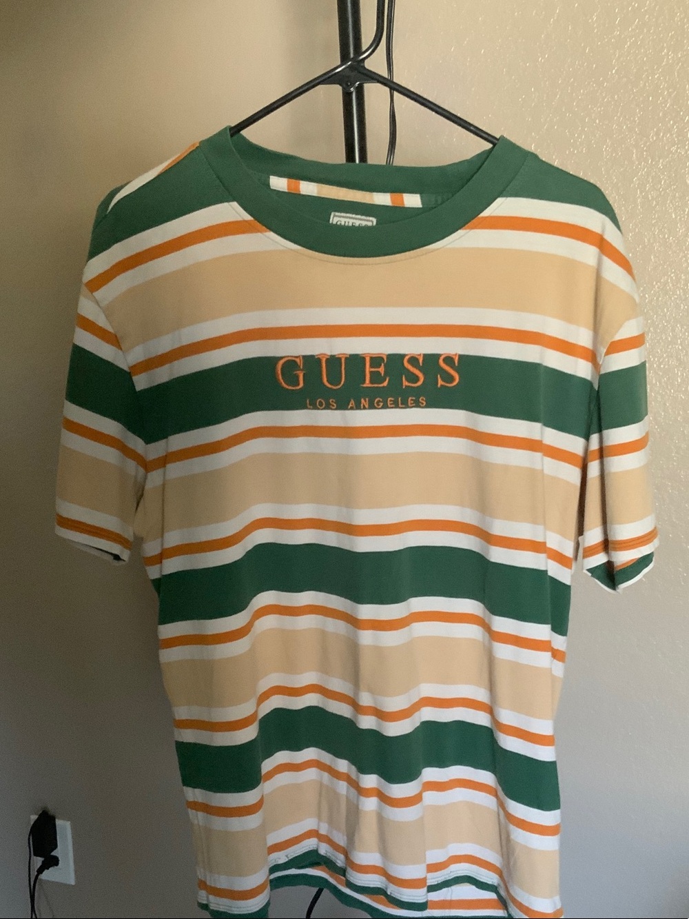 GUESS Los Angeles Green, Tan & White Striped Short Sleeve Tee